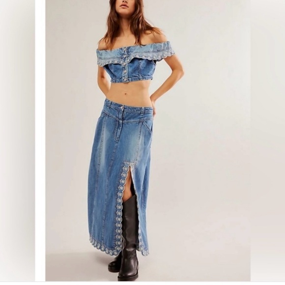 Free People Other - Free People Kora Crop Top Maxi Skirt Denim Embroidered Set Sz 2 NWT